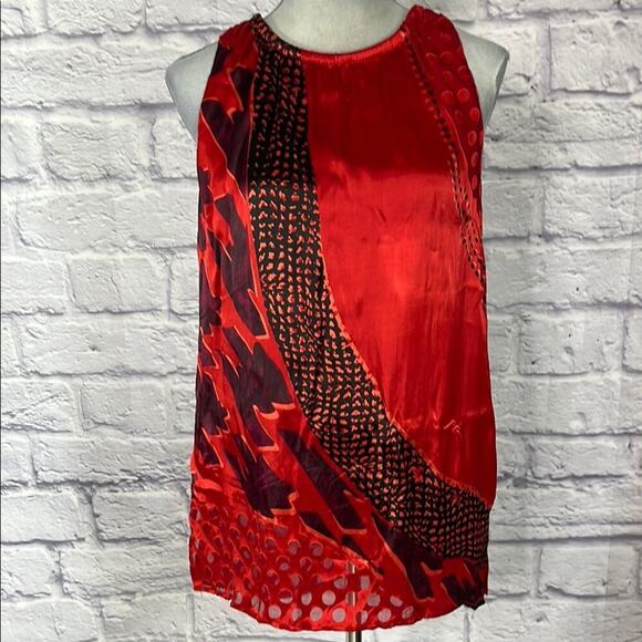CAbi Red and Black Patchwork Silk Blend Burnout Top - Picture 1 of 10